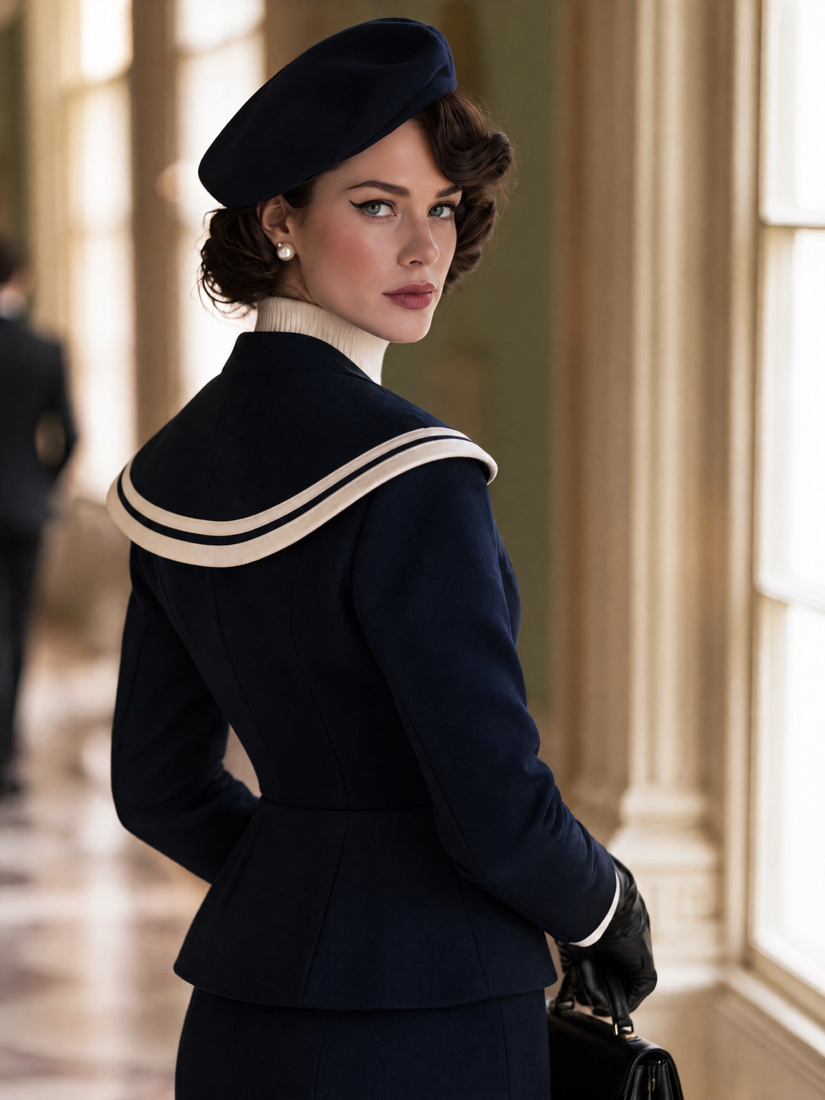 Vintage Wool Blend Navy Double-Breasted Sailor Collar Coat