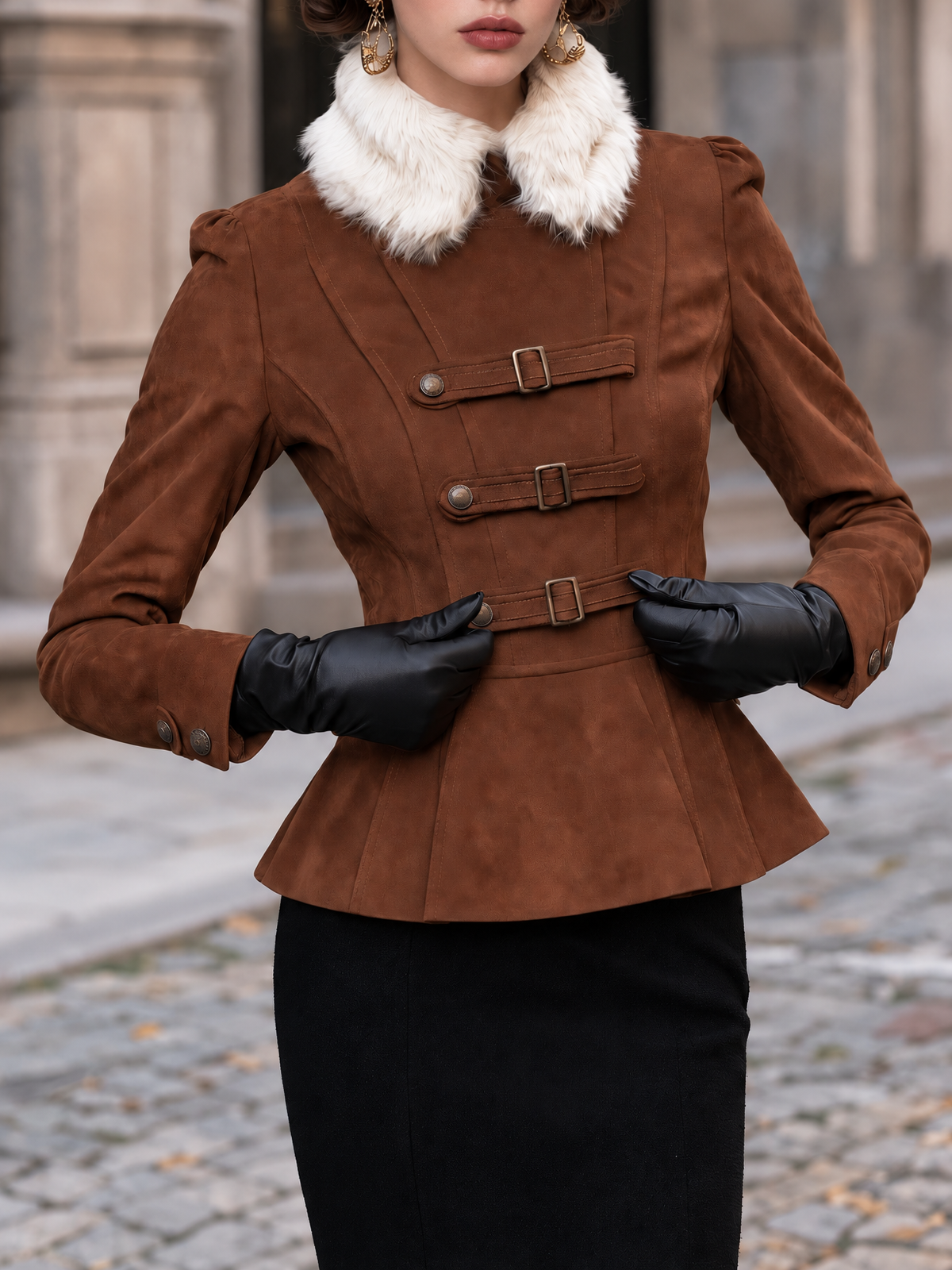 Women's Brown Faux Suede Peplum Jacket