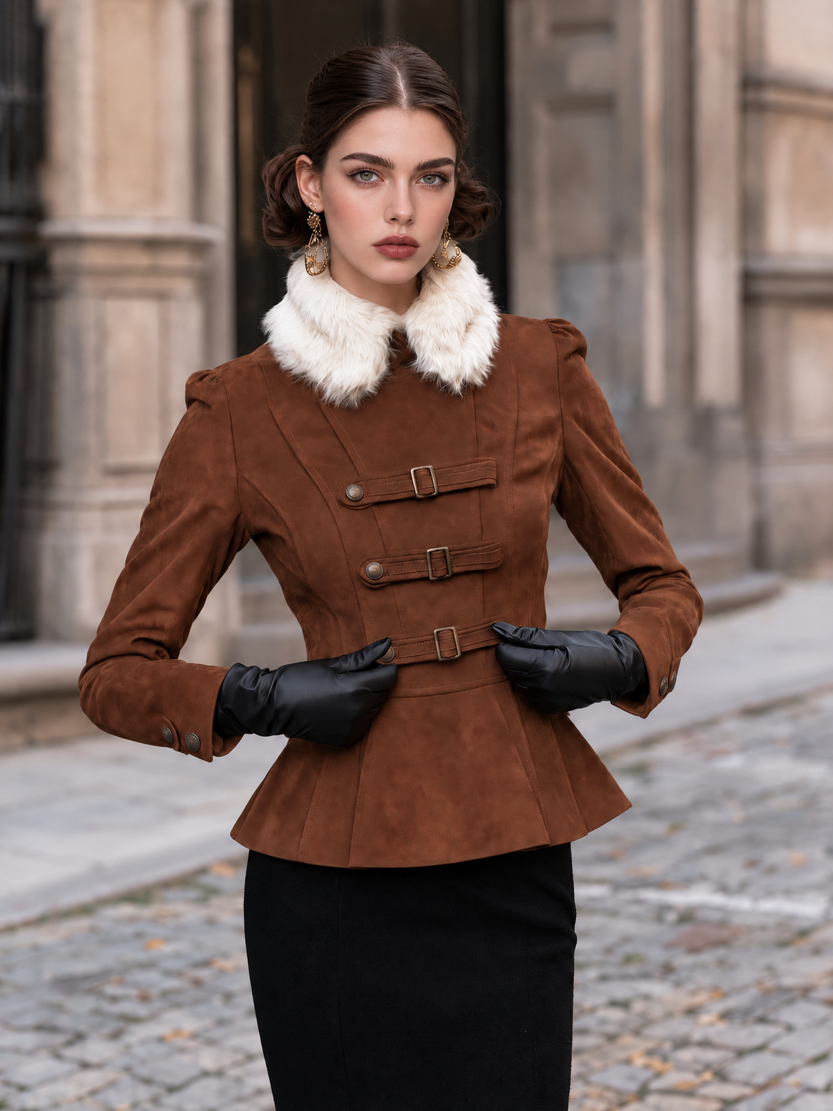 Women's Brown Faux Suede Peplum Jacket