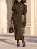 Vintage Cape Collar Ribbed Knit Midi Dress
