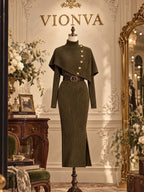 Vintage Cape Collar Ribbed Knit Midi Dress