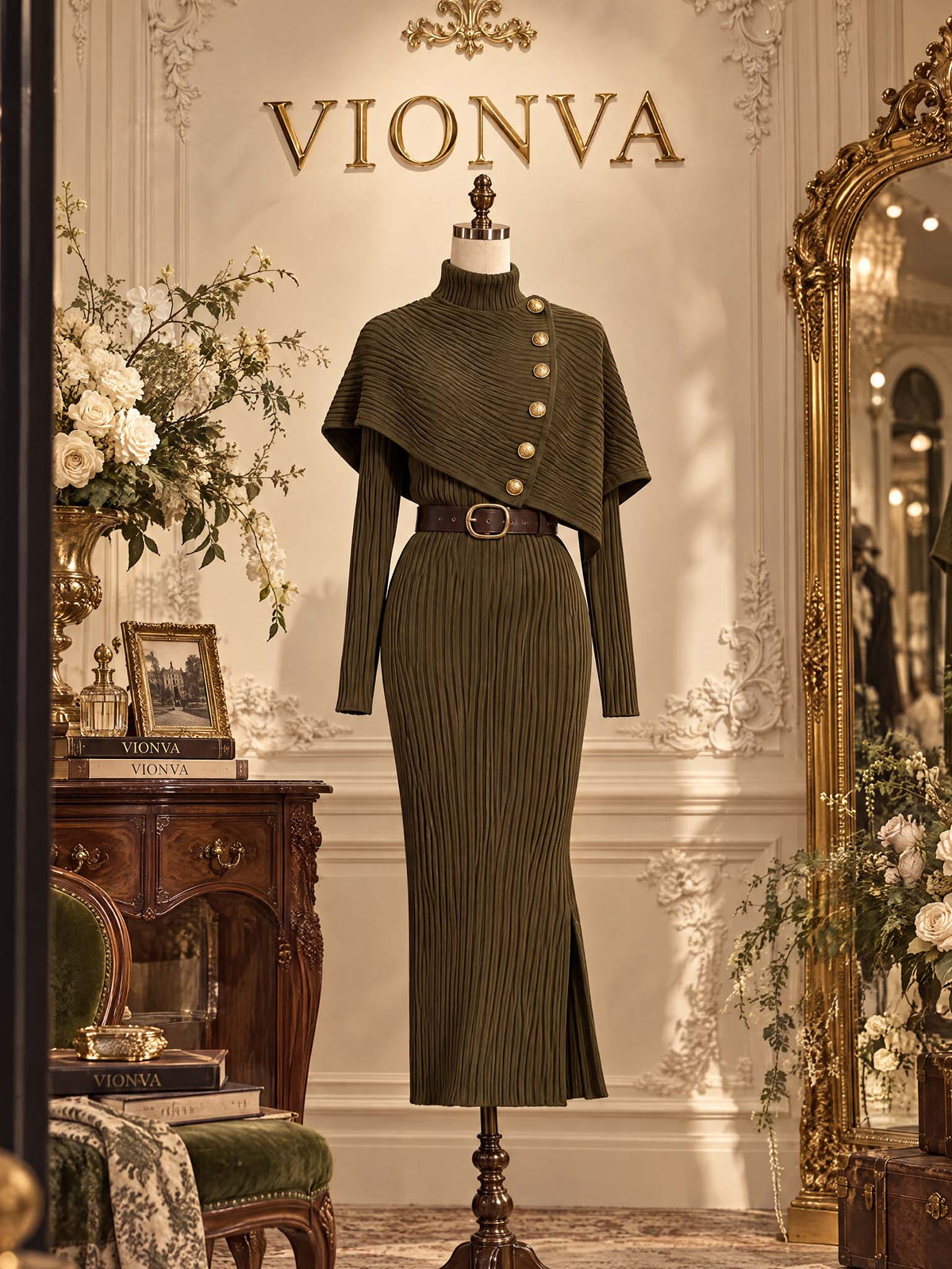 Vintage Cape Collar Ribbed Knit Midi Dress
