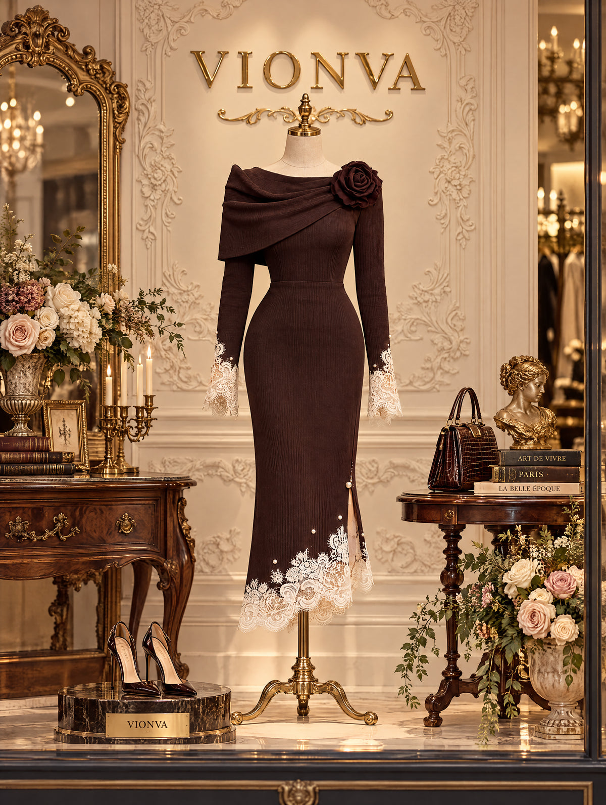 Vintage Floral Appliqué Lace Midi Dress