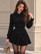 Vintage Black Ribbed Knit Collar Button Mini Dress