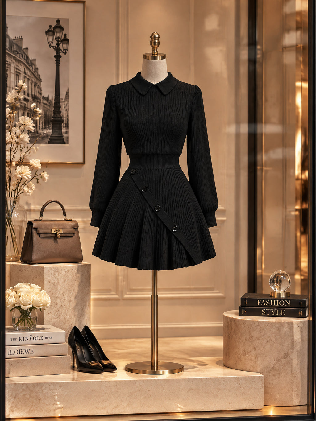 Vintage Black Ribbed Knit Collar Button Mini Dress