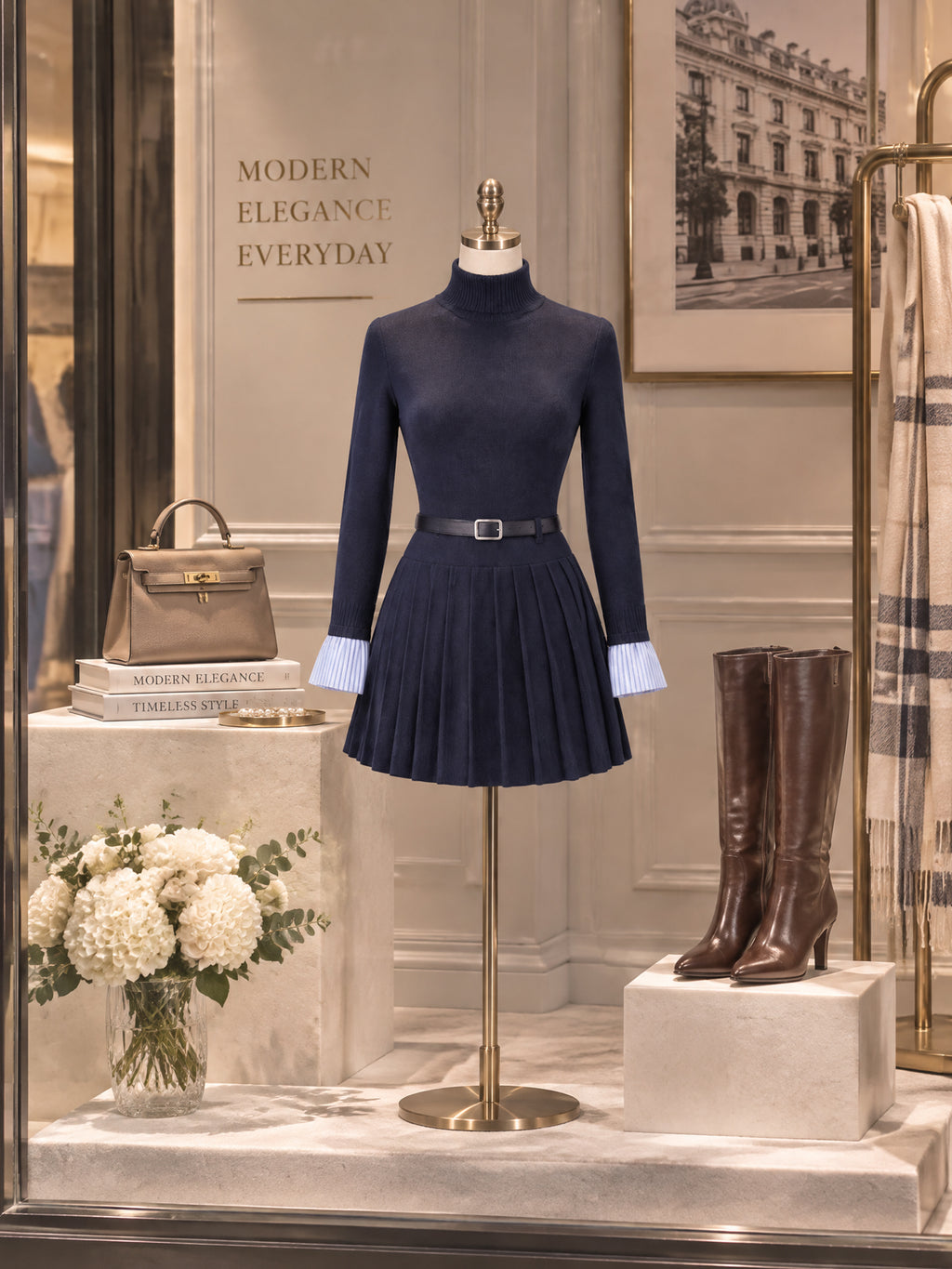 Vintage Navy Turtleneck Striped Cuff Pleated Mini Dress With Belt
