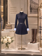 Vintage Navy Turtleneck Striped Cuff Pleated Mini Dress With Belt