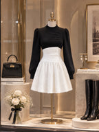 Vintage Black White Mohair Blend Puff Sleeve Dress