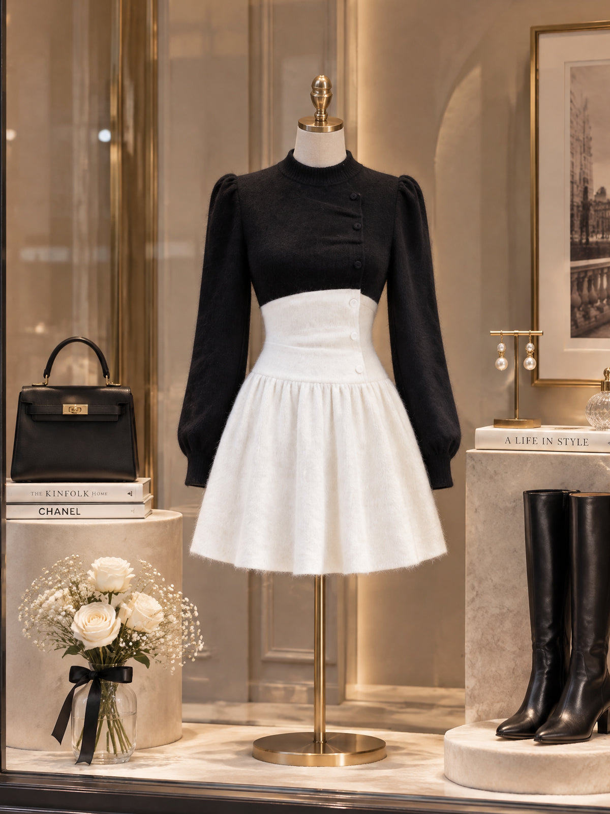 Vintage Black White Mohair Blend Puff Sleeve Dress