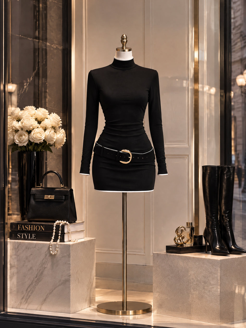 Vintage Black Mock Neck Mini Bodycon Dress With Belt