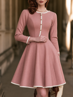 Dusty Pink Long Sleeve Fit-and-Flare Dress with White Contrast Trim and Button Placket