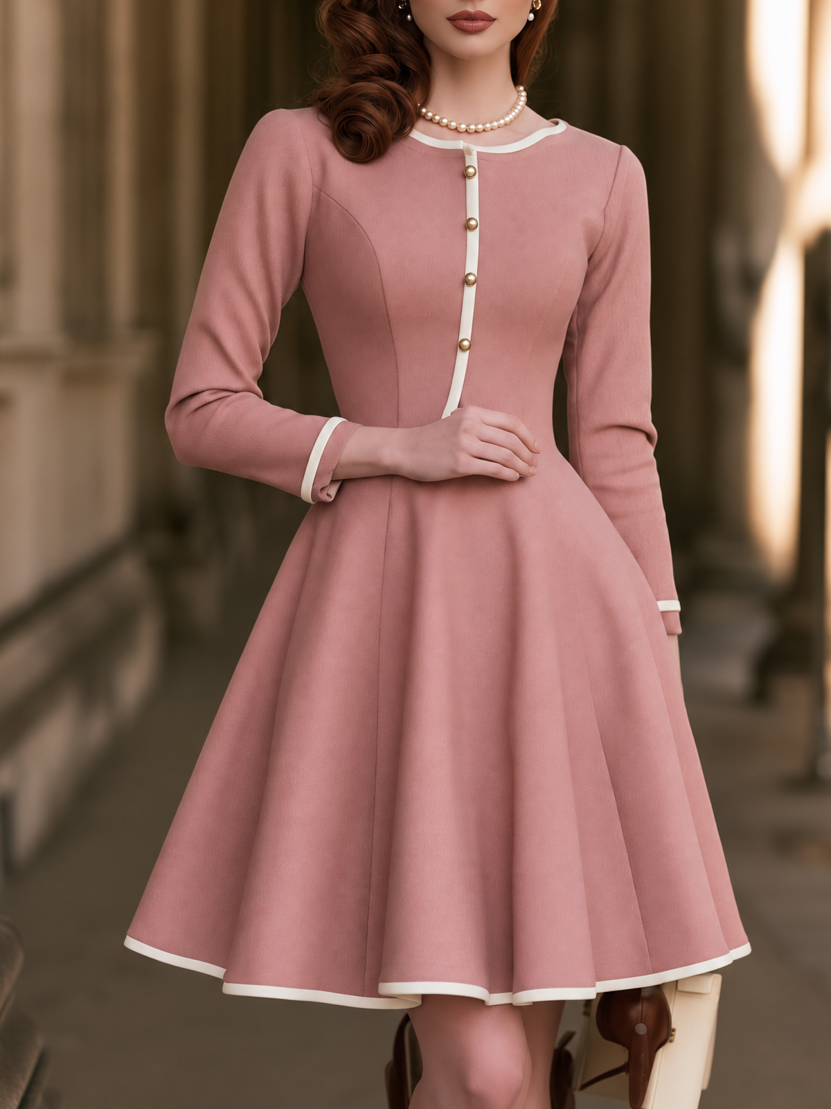 Dusty Pink Long Sleeve Fit-and-Flare Dress with White Contrast Trim and Button Placket