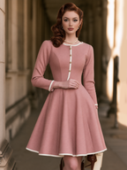 Dusty Pink Long Sleeve Fit-and-Flare Dress with White Contrast Trim and Button Placket