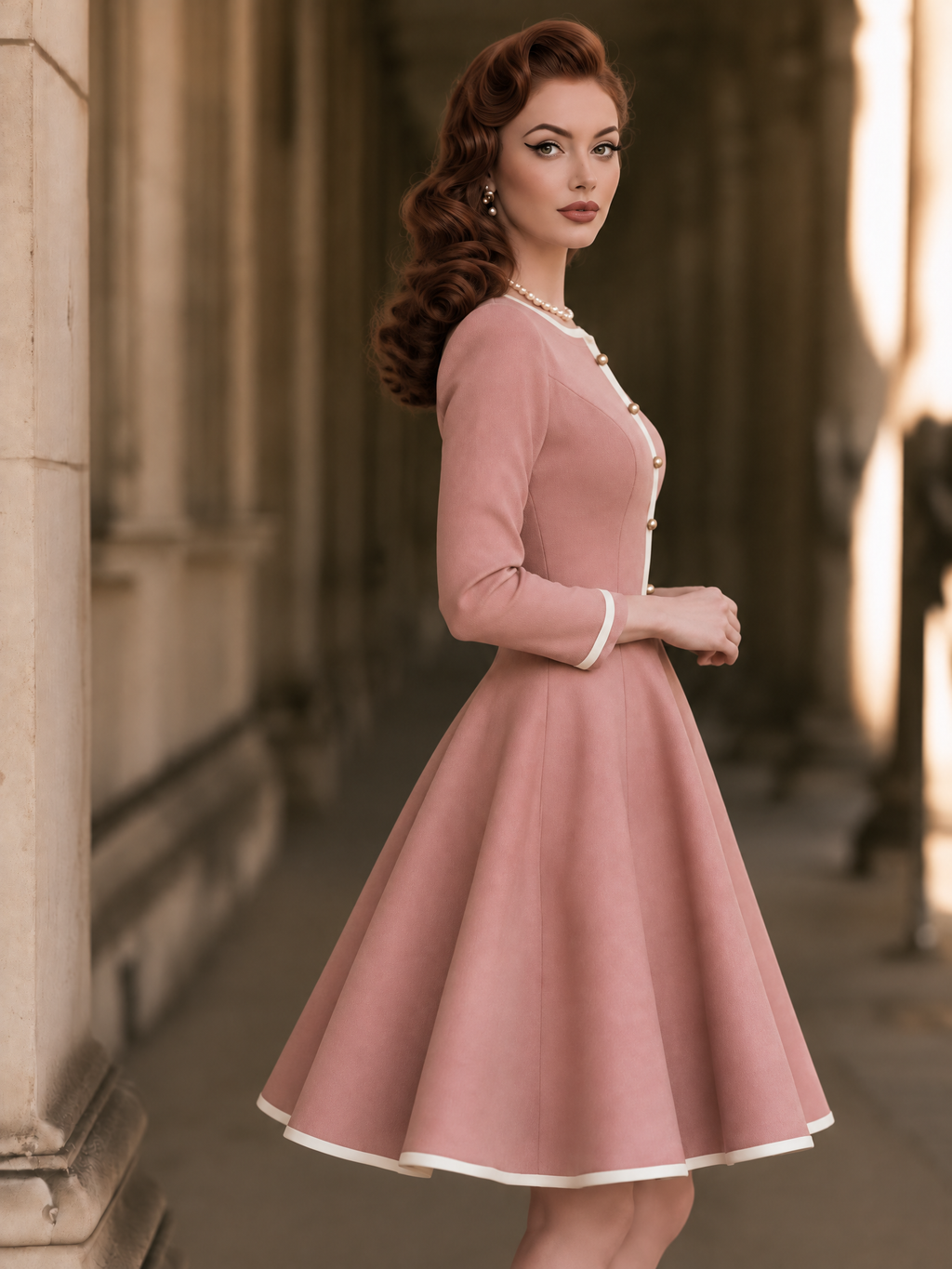 Dusty Pink Long Sleeve Fit-and-Flare Dress with White Contrast Trim and Button Placket