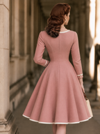 Dusty Pink Long Sleeve Fit-and-Flare Dress with White Contrast Trim and Button Placket