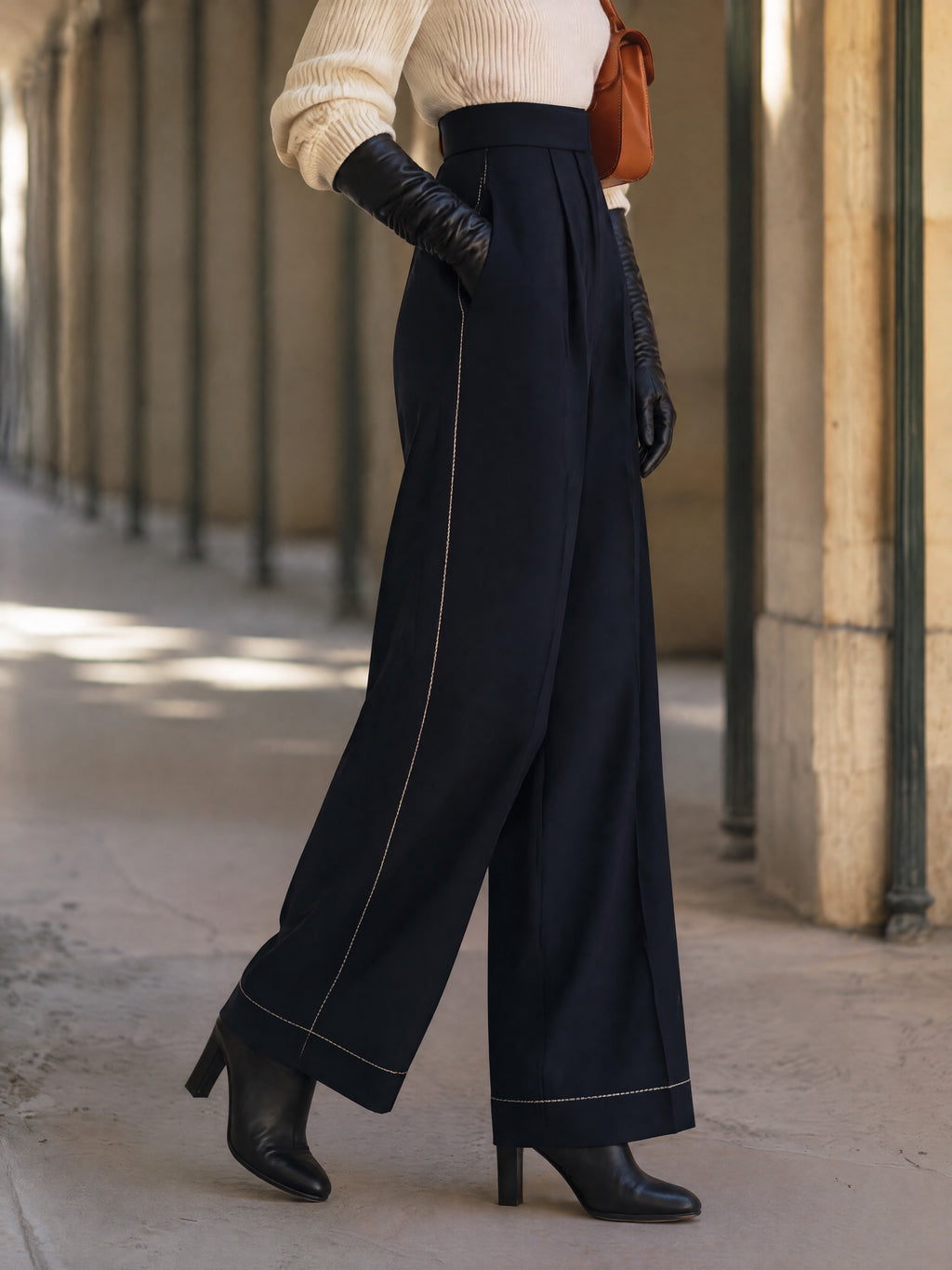 Women's High-Waisted Stitched Detail Pants