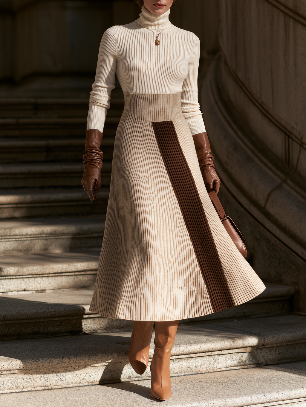 Diagonal Brown Stripe Panel Ribbed Knit Midi Sweater Dress