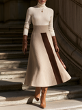 Diagonal Brown Stripe Panel Ribbed Knit Midi Sweater Dress