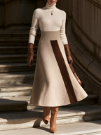 Diagonal Brown Stripe Panel Ribbed Knit Midi Sweater Dress