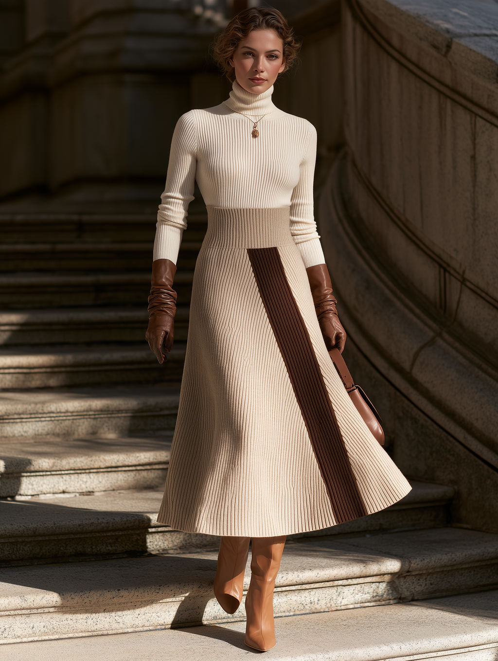 Diagonal Brown Stripe Panel Ribbed Knit Midi Sweater Dress