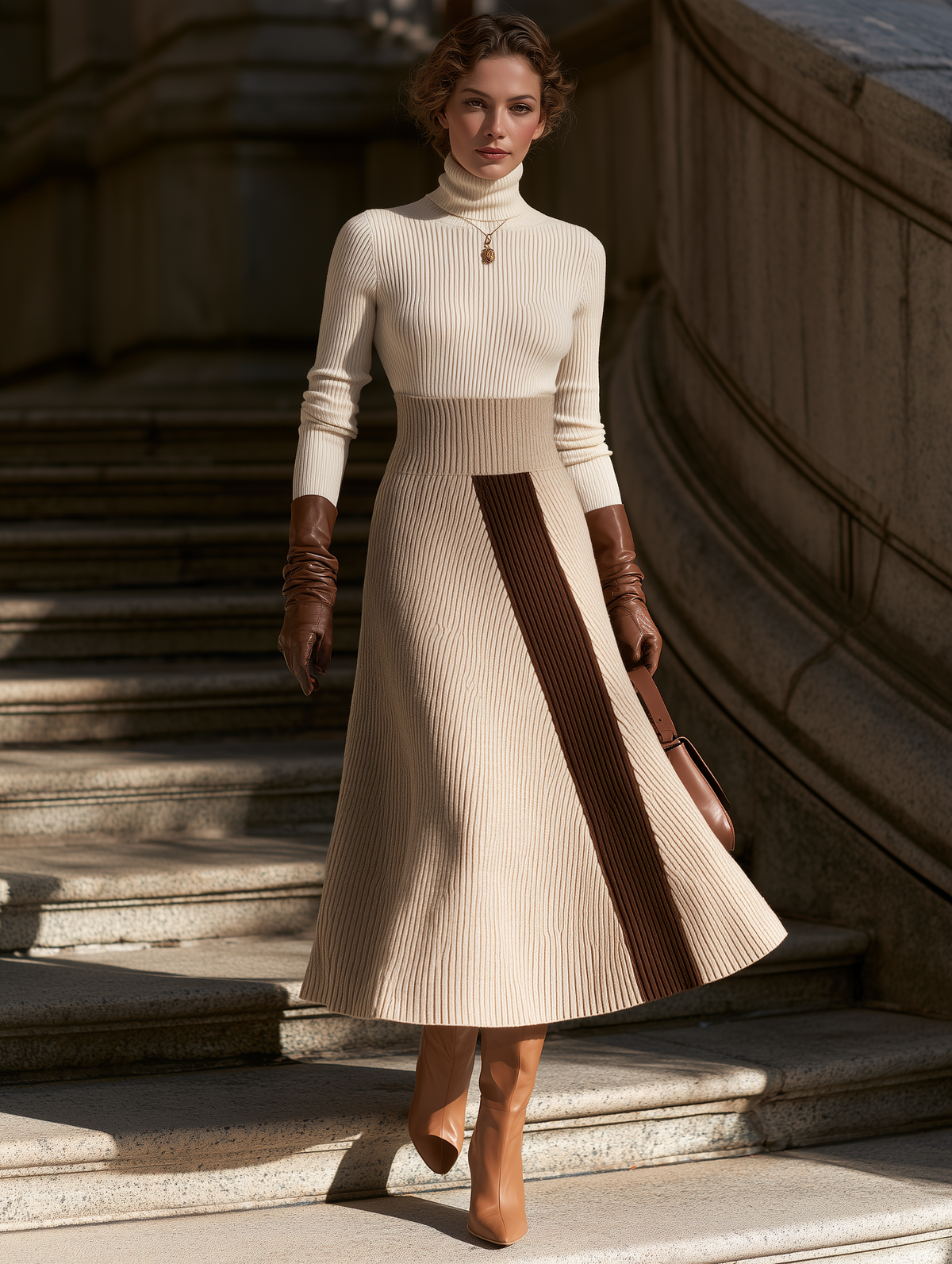 Diagonal Brown Stripe Panel Ribbed Knit Midi Sweater Dress