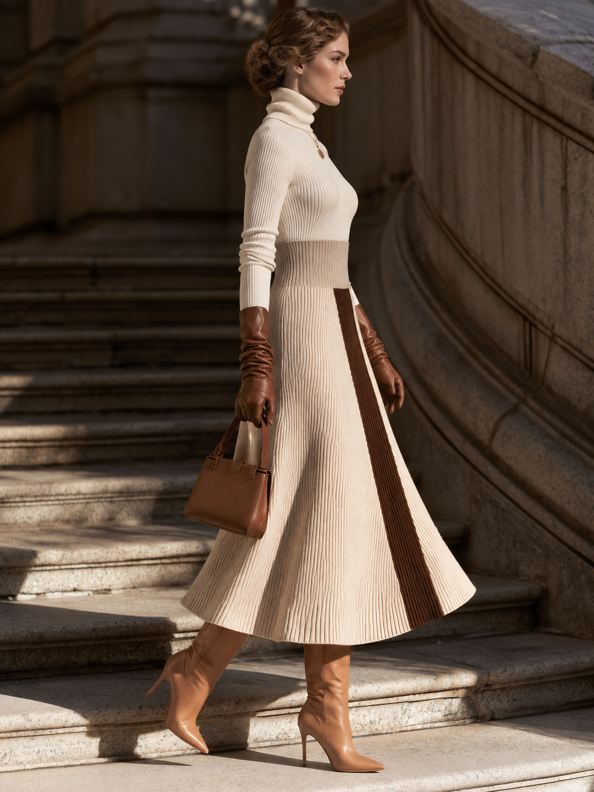 Diagonal Brown Stripe Panel Ribbed Knit Midi Sweater Dress