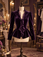 Vintage Velvet Ruffle Peplum Slim Blouse