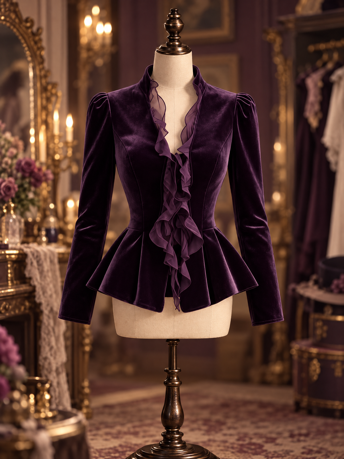 Vintage Velvet Ruffle Peplum Slim Blouse