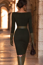 Vintage Boat-Neck Long-Sleeve Pleated Midi Dress