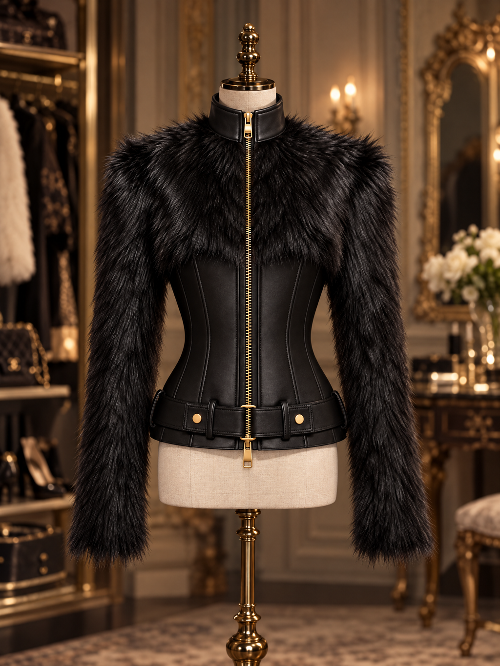Vintage Faux Fur PU Leather Slim Fit Zip Jacket