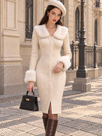 Vintage Cream Ribbed Knit Faux Fur Collar Midi Dress
