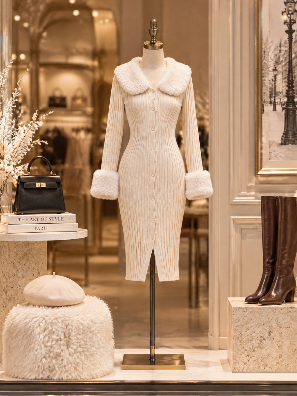 Vintage Cream Ribbed Knit Faux Fur Collar Midi Dress