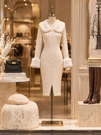 Vintage Cream Ribbed Knit Faux Fur Collar Midi Dress