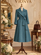 Vintage Dusty Blue Lapel Belted Flared Maxi Wool Coat