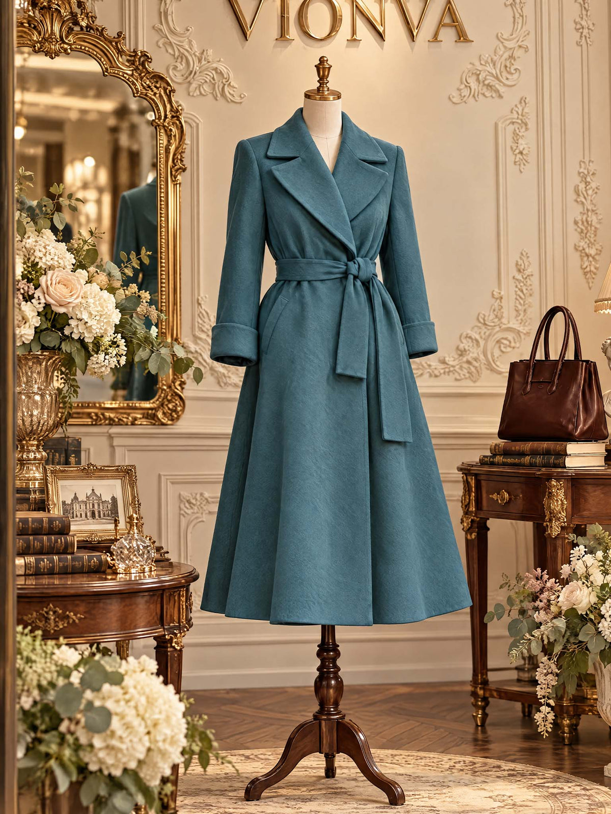 Vintage Dusty Blue Lapel Belted Flared Maxi Wool Coat