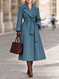 Vintage Dusty Blue Lapel Belted Flared Maxi Wool Coat