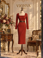 Vintage Square Neck Ribbed Midi Dress