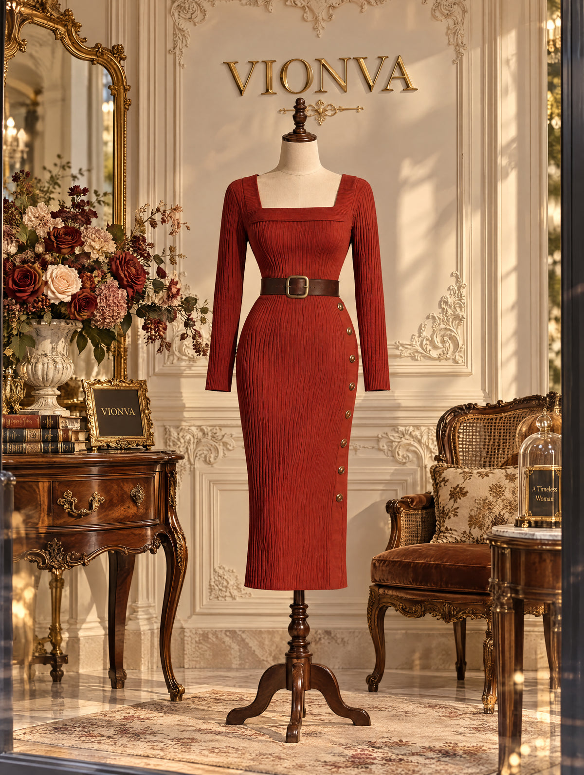 Vintage Square Neck Ribbed Midi Dress