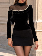 Vintage Black Velvet Mesh Yoke Pearl Ruffle T-shirt