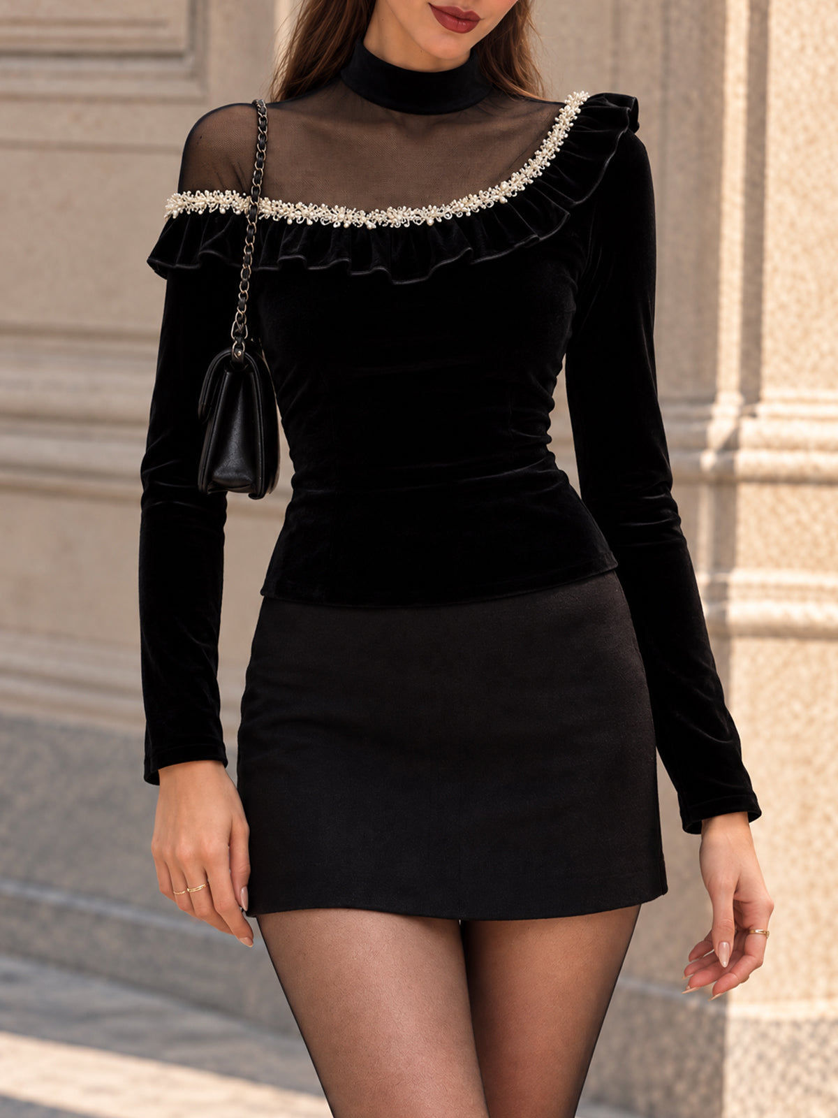Vintage Black Velvet Mesh Yoke Pearl Ruffle T-shirt