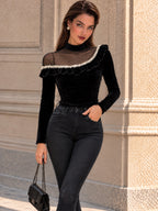 Vintage Black Velvet Mesh Yoke Pearl Ruffle T-shirt