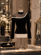 Vintage Black Velvet Mesh Yoke Pearl Ruffle T-shirt