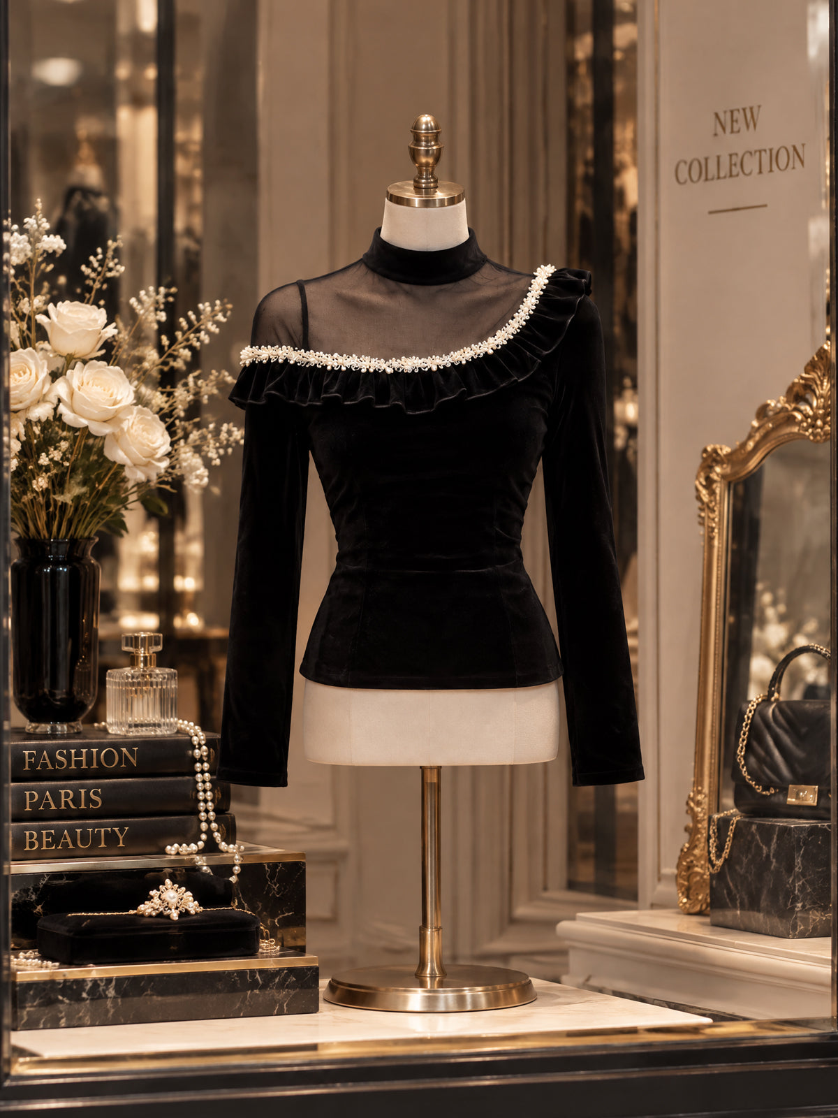 Vintage Black Velvet Mesh Yoke Pearl Ruffle T-shirt