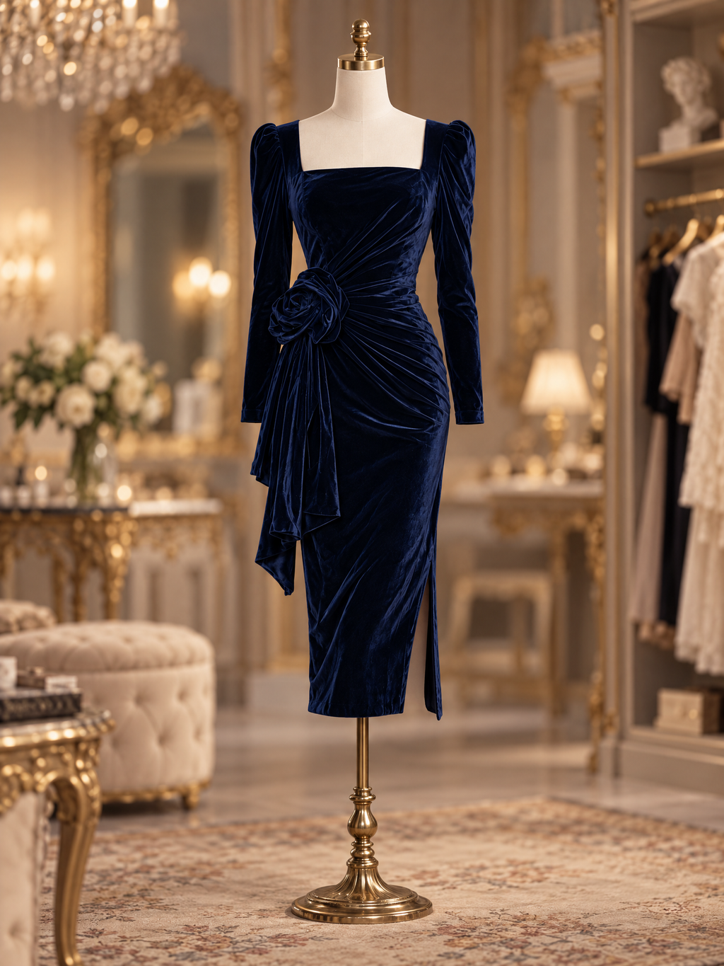 Vintage Square Neck Velvet Floral Ruched Midi Dress