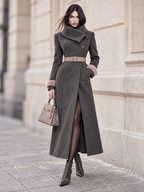 Vintage Wool Blend Faux Fur Cuff Belted Long Coat