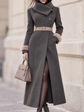 Vintage Wool Blend Faux Fur Cuff Belted Long Coat