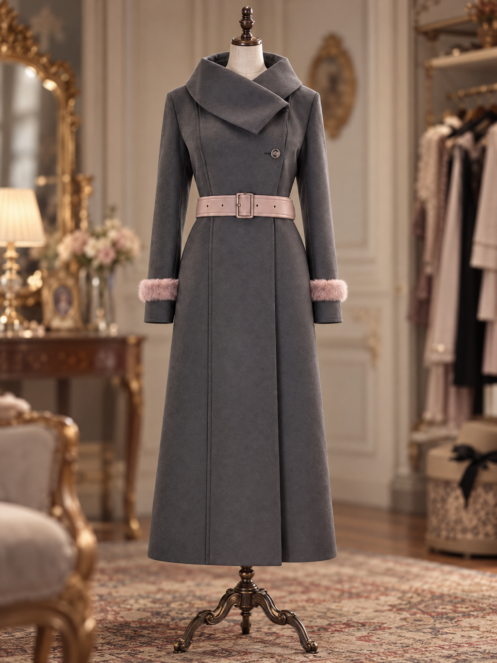 Vintage Wool Blend Faux Fur Cuff Belted Long Coat