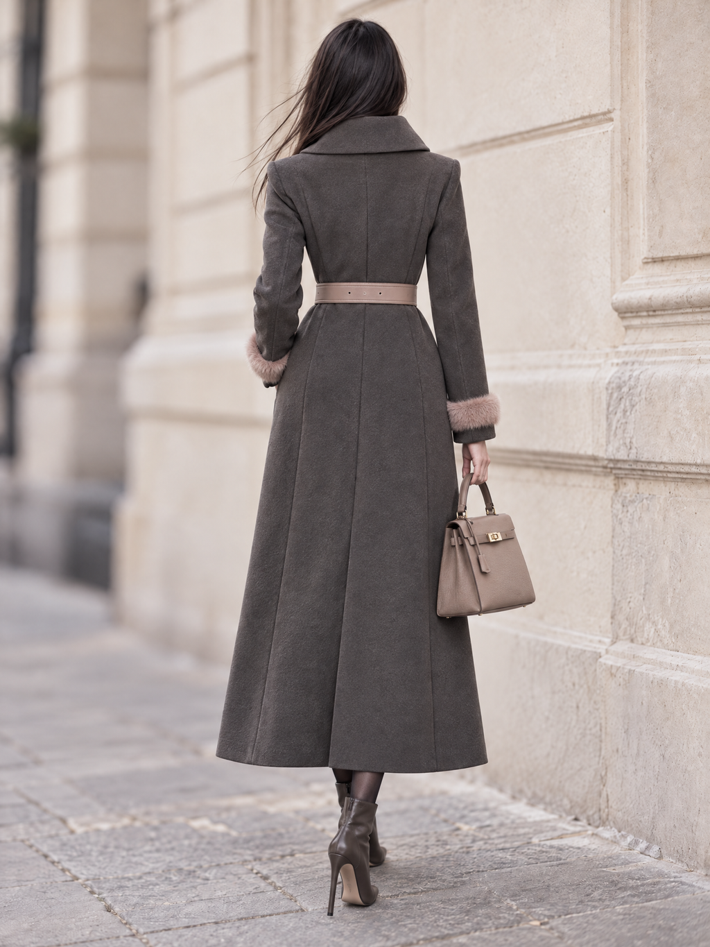 Vintage Wool Blend Faux Fur Cuff Belted Long Coat