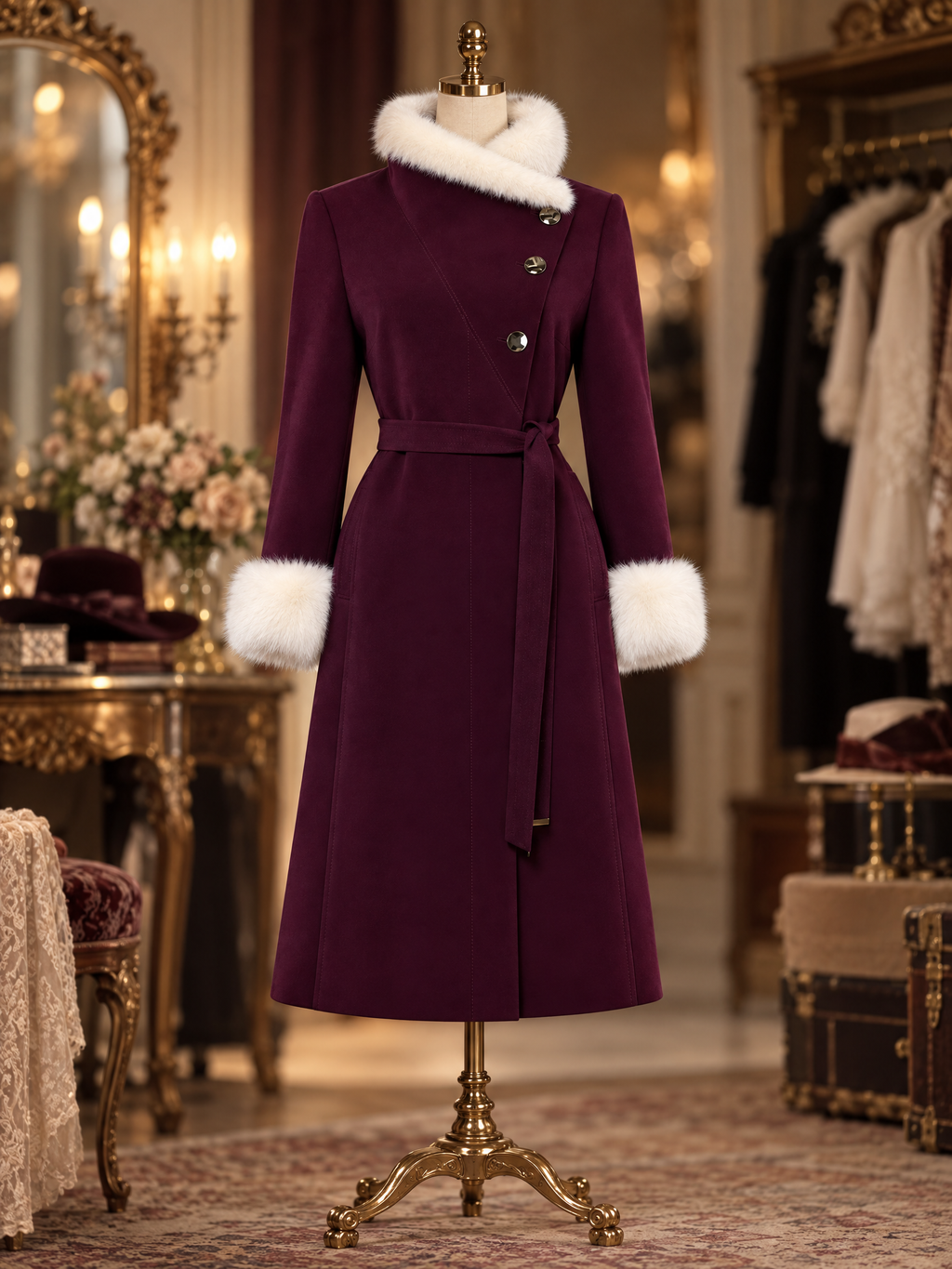 Vintage Wool Blend Faux Fur Trim Belted Coat