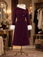 Vintage Wool Blend Faux Fur Trim Belted Coat